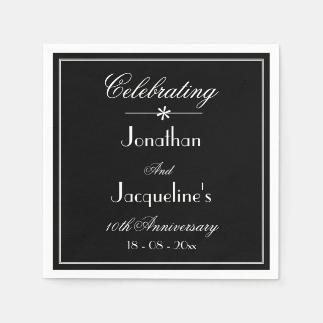 Elegant Black & White Wedding Anniversary Paper  Napkins (Front)