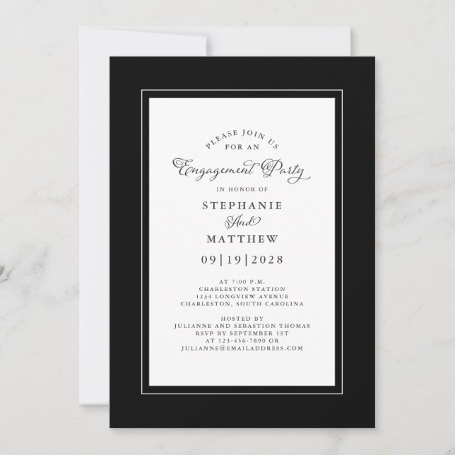 Elegant Black & White Wedding Engagement Party Invitation (Front)