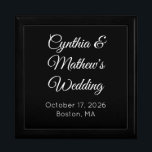 Elegant Black & White Wedding Gift Box<br><div class="desc">Use this beautiful black and white box to present a gift at a wedding. Or, if you are getting married, use it as a jewelry or keepsake box. You can put your wedding info on it to commemorate your wedding day, or any event. It's a stunning, classy box. Customizable. By...</div>