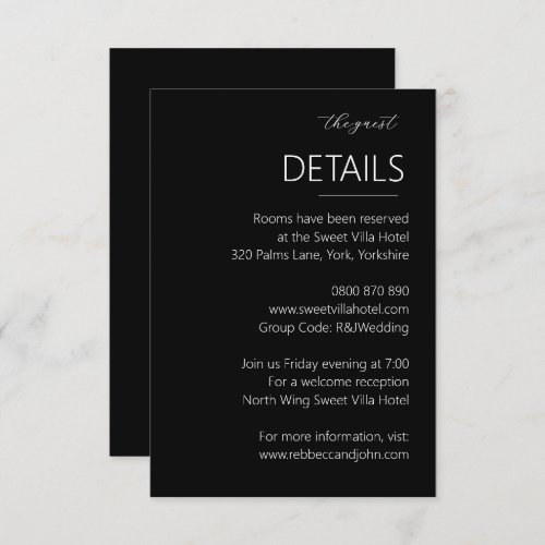Elegant Black White Wedding Guest Hotel Details  Enclosure Card