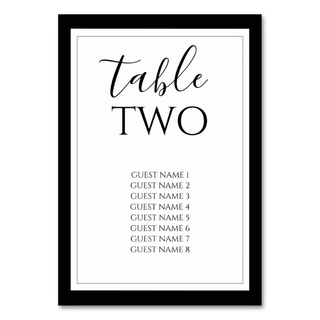 Elegant Black & White Wedding Guest Names Table Number (Front)
