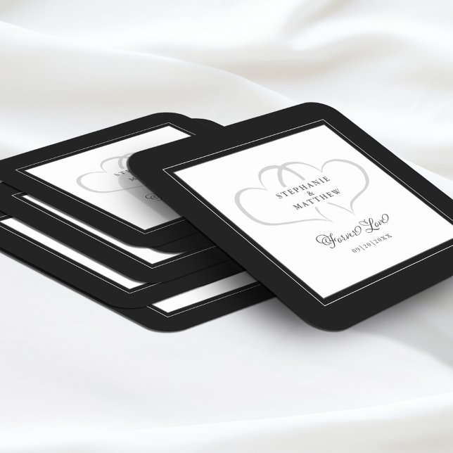 Elegant Black & White Wedding Hearts Forever Love Square Paper Coaster (Elegant Black & White Wedding Hearts Forever Love Square Paper Coasters Stack)