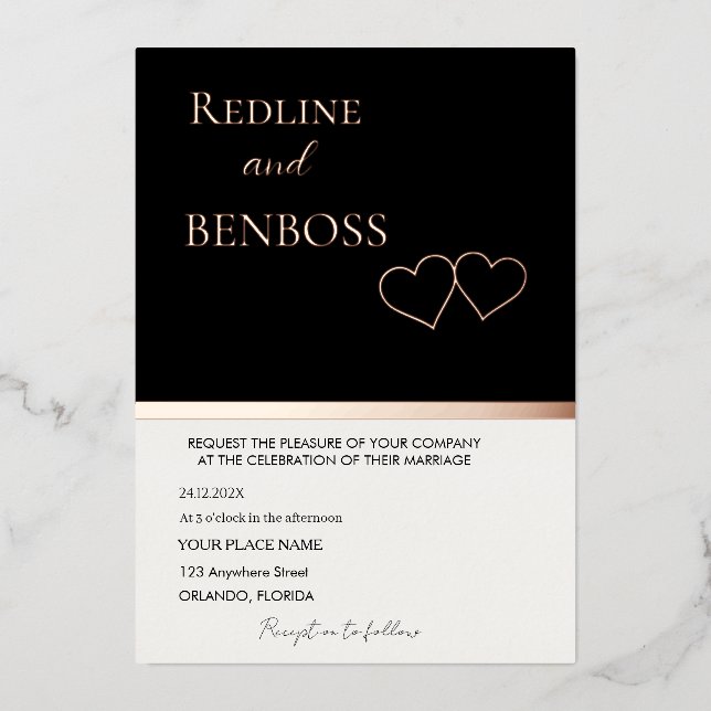 Elegant Black & white Wedding Invitation Rose Gold Foil Invitation (Front)
