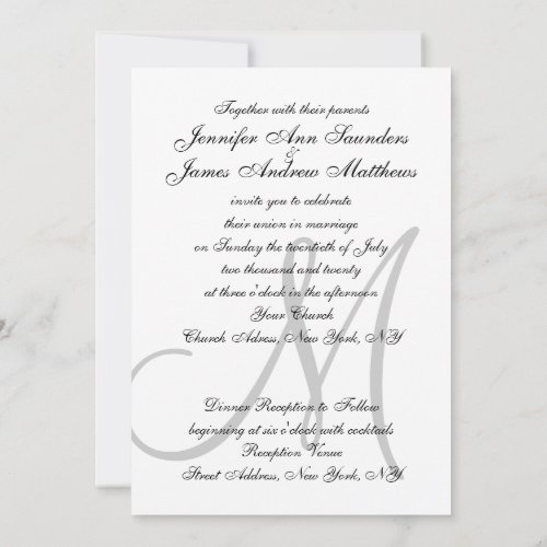 Elegant Black White Wedding Invitations Initial 5" X 7" Invitation Card