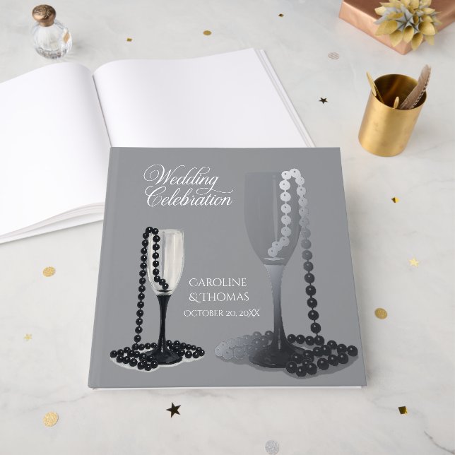 Elegant Black White Wedding Memory Keepsake Foil Guest Book (Front Open)