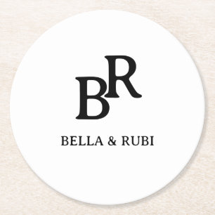 Elegant Black White Wedding Monogram Design Round Paper Coaster