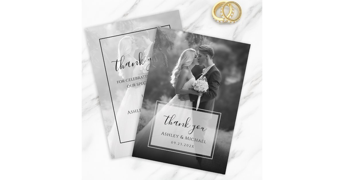 Elegant Black & White Wedding Photo Modern Script Thank You Card | Zazzle