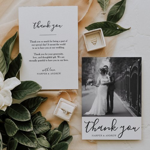 Elegant Black White Wedding Photo Thank You Card