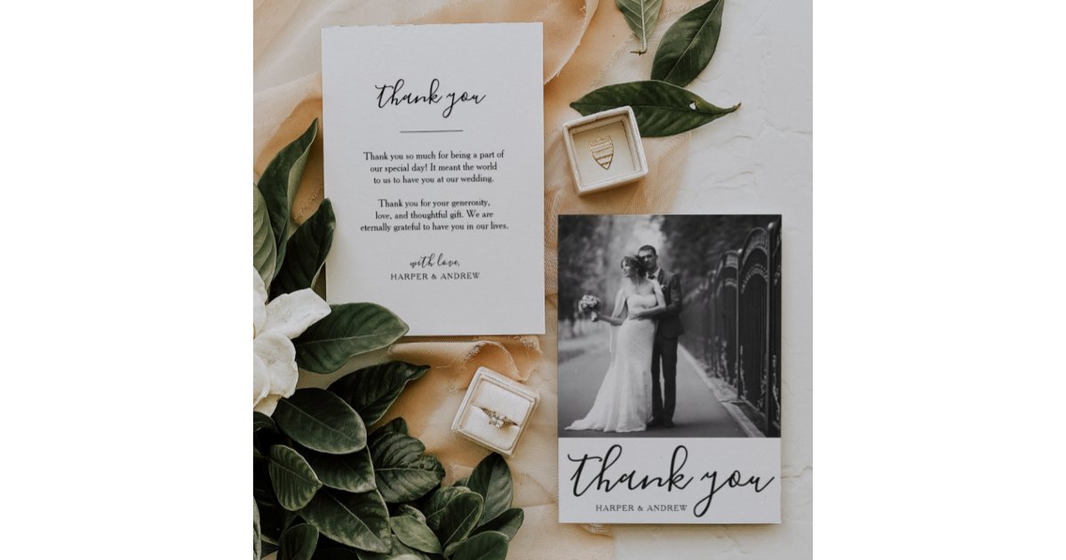 Elegant Black White Wedding Photo Thank You Card | Zazzle