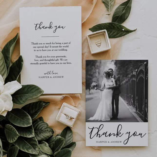 Elegant Black White Wedding Photo Thank You Card | Zazzle