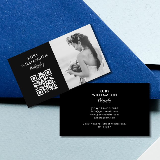 Elegant Black & White Wedding Photographer QR Code Business Card (Creator Uploaded)