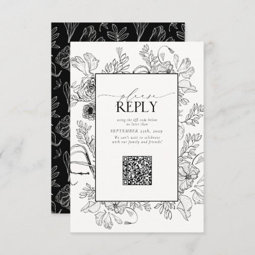 Elegant Black White Wedding QR Code Please Reply RSVP Card