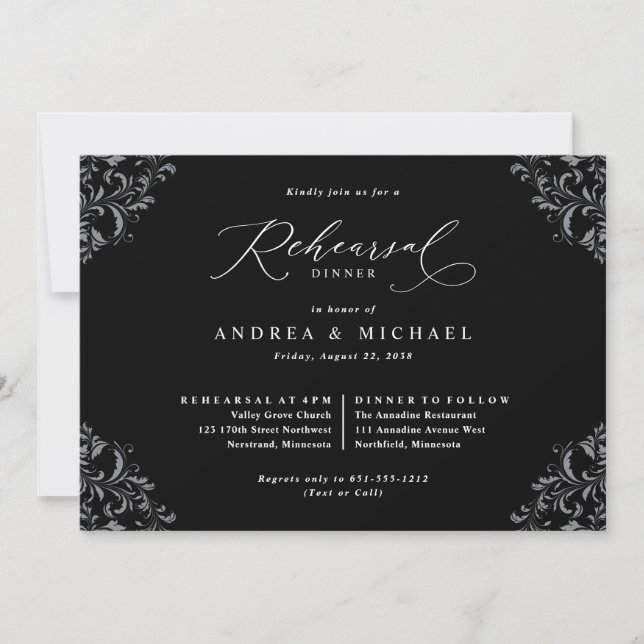 Elegant Black & White Wedding Rehearsal Dinner Invitation (Front)
