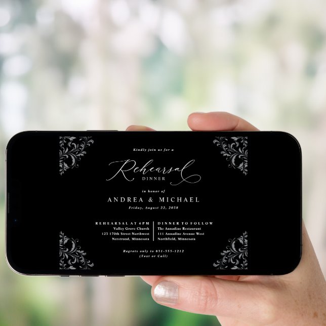 Elegant Black & White Wedding Rehearsal Dinner Invitation (Front Digital)