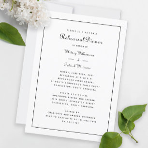 Elegant Black & White Wedding Rehearsal Dinner Invitation