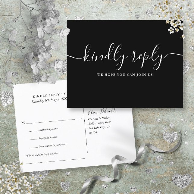 Elegant Black White Wedding Song Request RSVP Invitation Postcard (Elegant Black White Wedding Song Request RSVP Invitation Postcard)