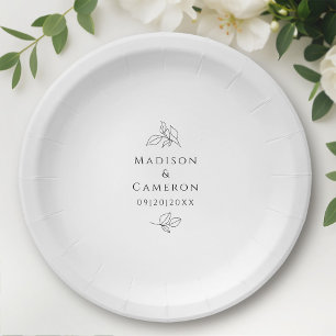 Elegant Black White Weddings Leaves Names & Date Paper Plates
