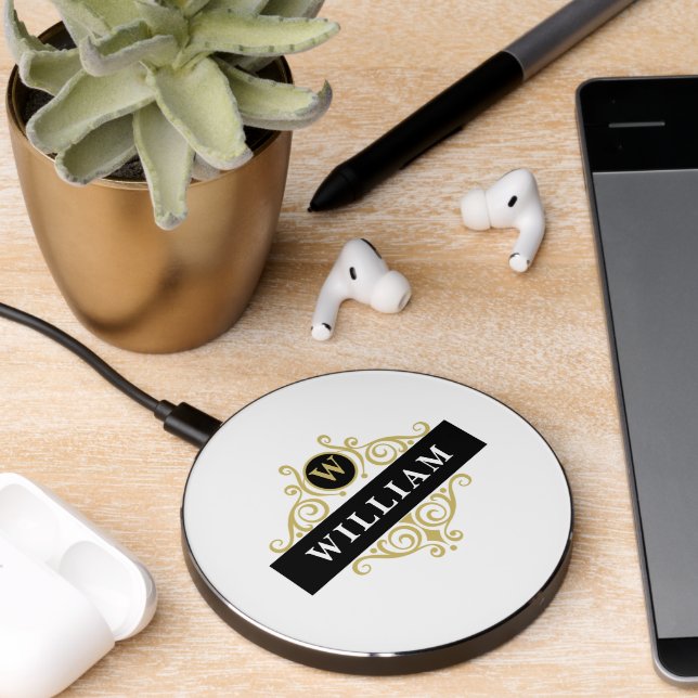 Elegant Black White with Gold Emblem Monogram Wireless Charger (Desk 2)