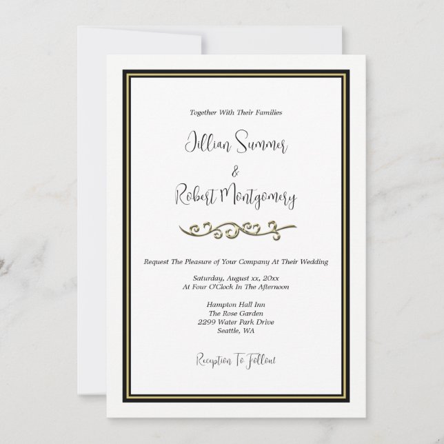 Elegant Black & White, With Gold Wedding Invitation (Front)