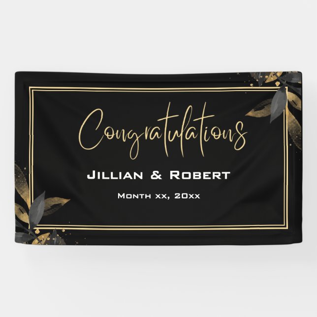 Elegant Black & White, With Gold Wedding Reception Banner (Horizontal)