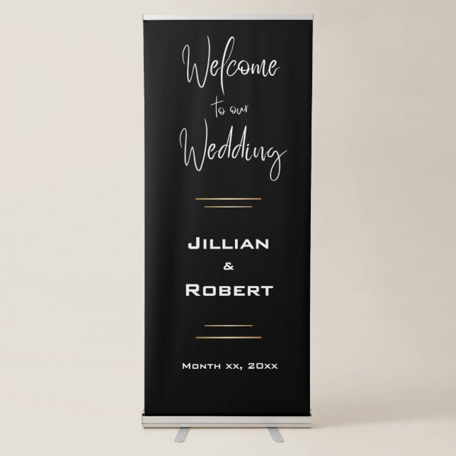 Elegant Black & White, With Gold Wedding Retractable Banner (Front)