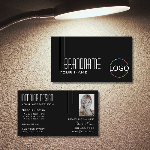 Elegant Black White with Logo  Photo Professional Business Card