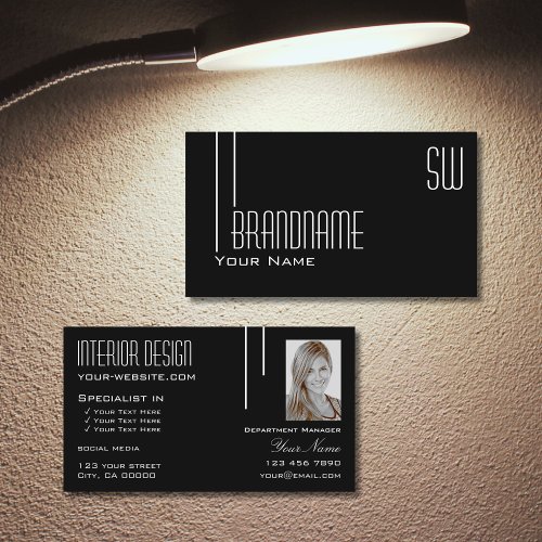Elegant Black White with Monogram and Photo Modern Business Card
