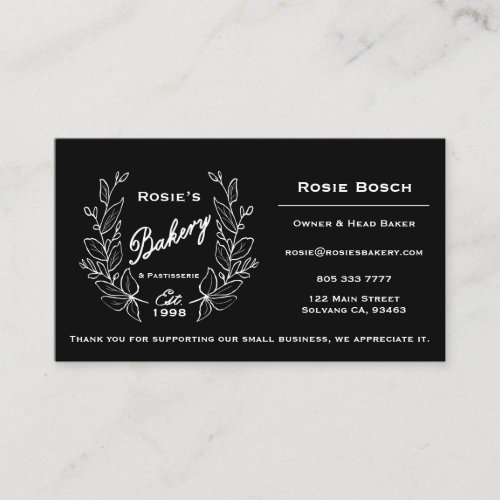 Elegant Black White Wreath Bakery Logo Business Card