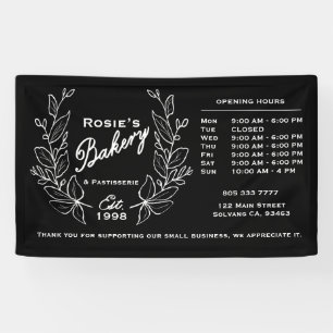 Elegant Black White Wreath Bakery Logo Hours Ban Banner