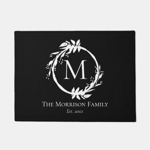 Elegant Black White Wreath Family Name Monogram Doormat