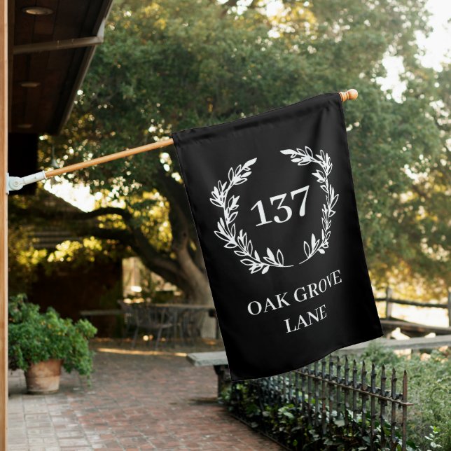 Elegant Black White Wreath House Number Address House Flag (In SItu)