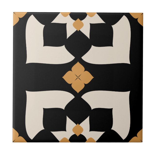 Elegant Black &White Yellow Abstract Floral  Ceramic Tile (Front)