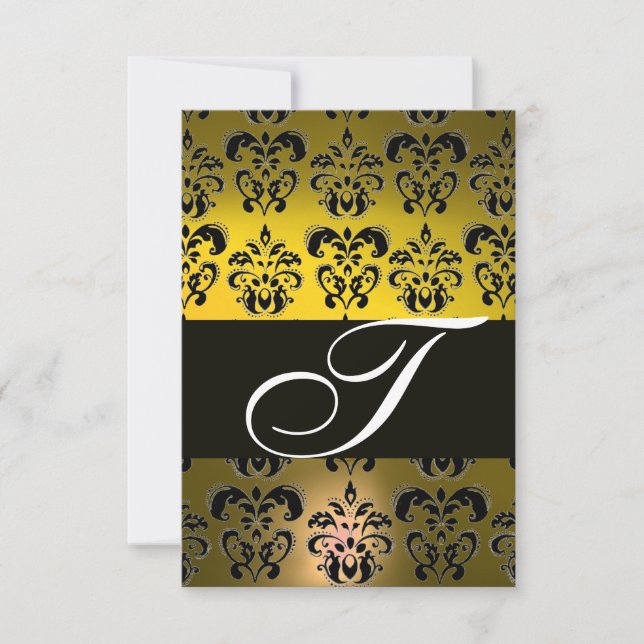 ELEGANT BLACK WHITE YELLOW DAMASK MONOGRAM RSVP CARD (Front)