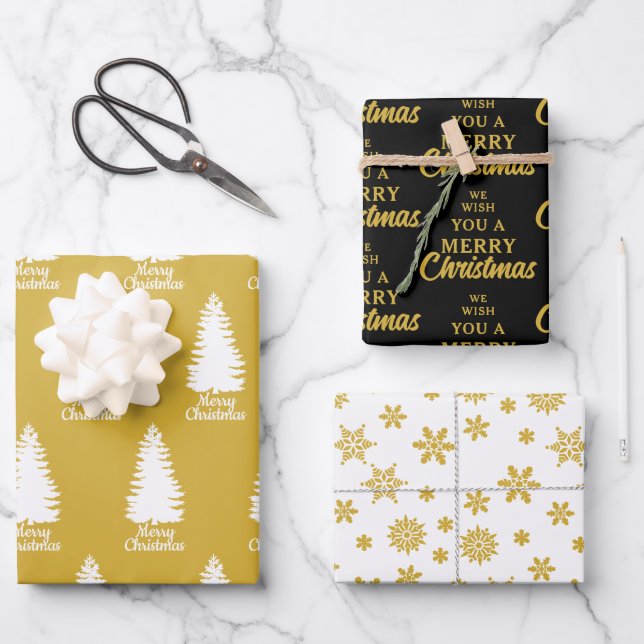 Elegant Black White & Yellow Merry Christmas Wrapping Paper Sheets (Front)