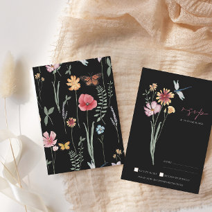 Elegant Black Wildflower Botanical Wedding RSVP Card