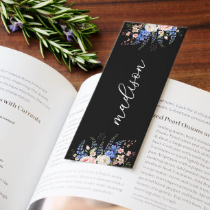 Elegant Black Wildflower Floral Personalized Bookmarks