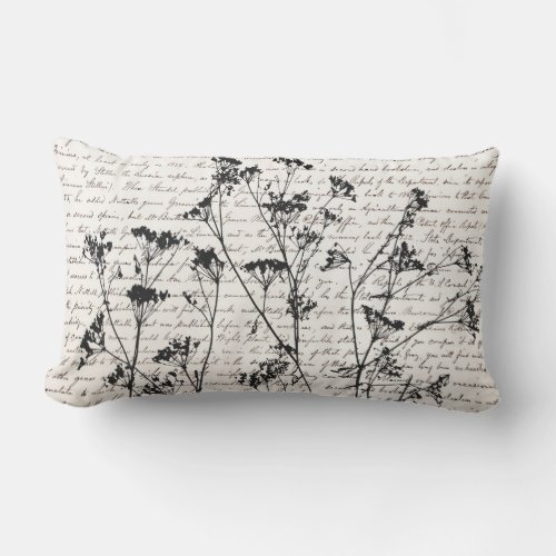 Elegant Black Wildflower Silhouettes Script  Lumbar Pillow