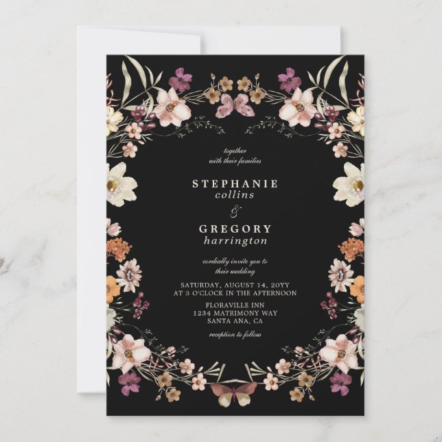 Elegant Black Wildflowers Wedding Invitation (Front)
