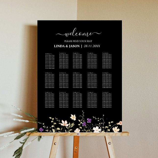Elegant Black Wildflowers Wedding Seating Chart Foam Board (Creator Uploaded)