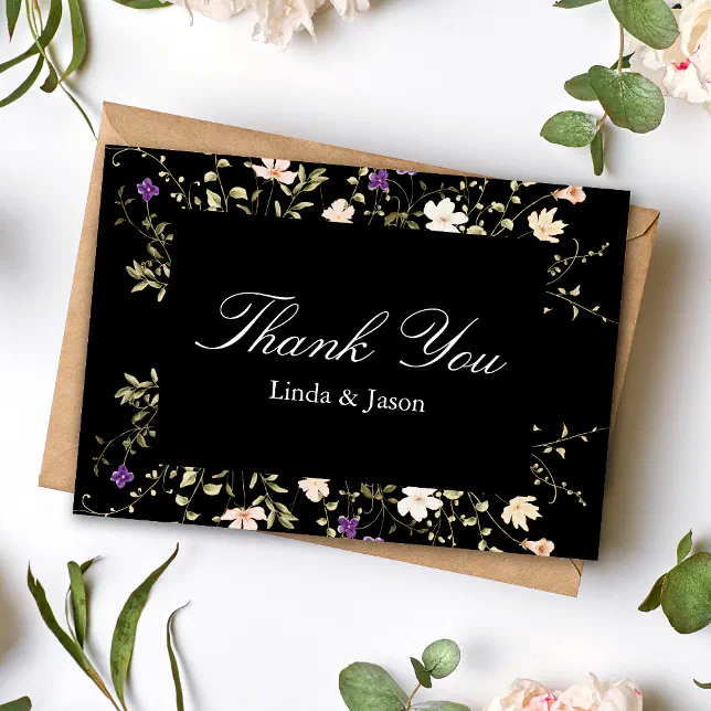 Elegant Black Wildflowers Wedding Thank You Card | Zazzle