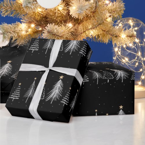 Elegant Black Winter Christmas Pine Trees Pattern  Wrapping Paper