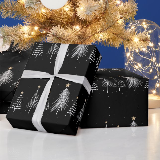 Elegant Black Winter Christmas Pine Trees Pattern  Wrapping Paper (Holidays)
