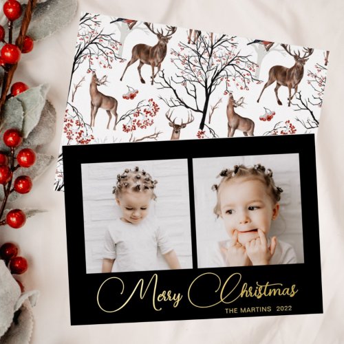 Elegant Black Winter Deer Pattern Two Photo Foil Foil Holiday Card
