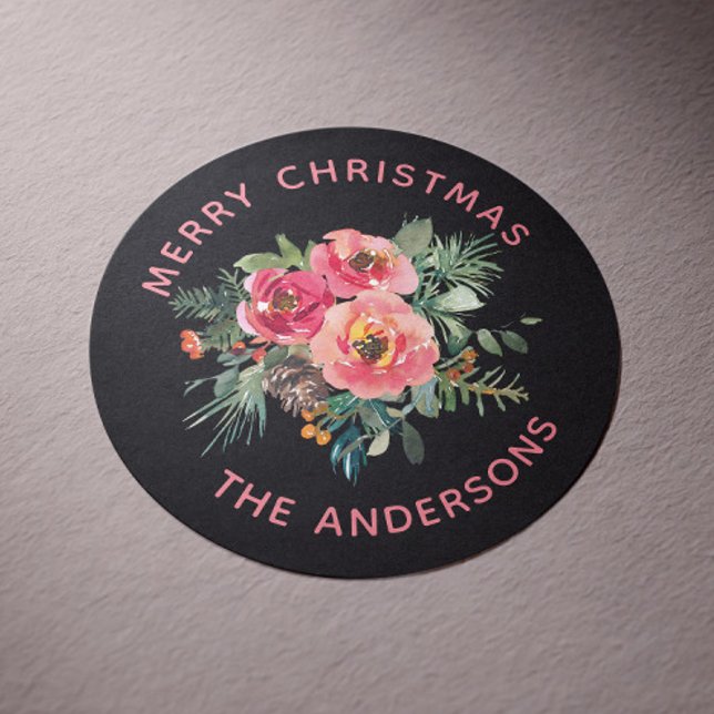 Elegant Black Winter Floral | Christmas Holiday Classic Round Sticker (Creator Uploaded)