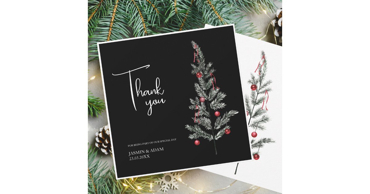 Elegant Black Winter Pine Red Green Thank You Card | Zazzle