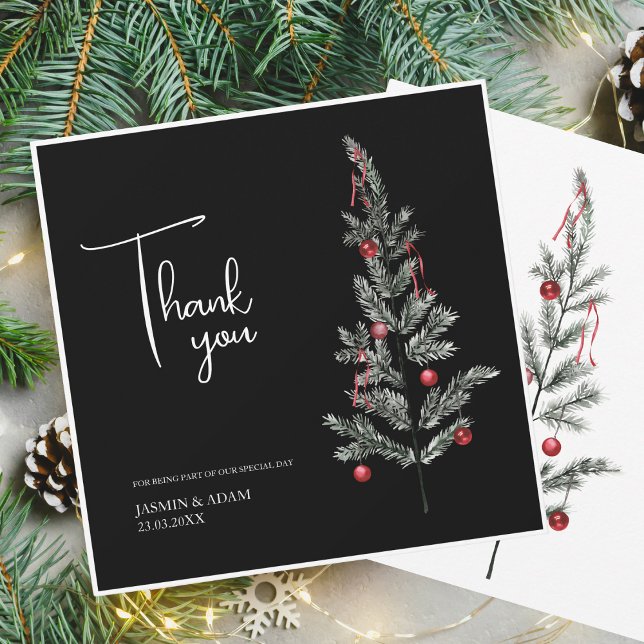 Elegant Black Winter Pine Red Green Thank You Card (Creator Uploaded)