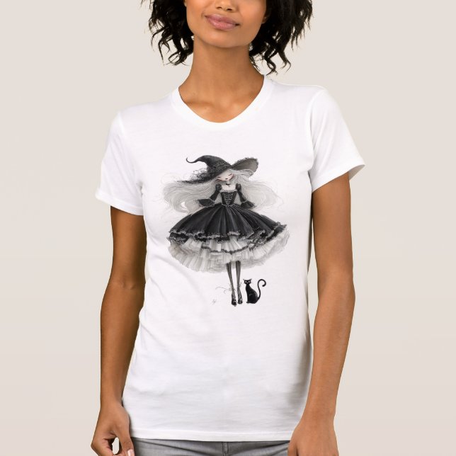 Elegant Black Witch – Gothic Watercolor Art T-Shirt (Front)