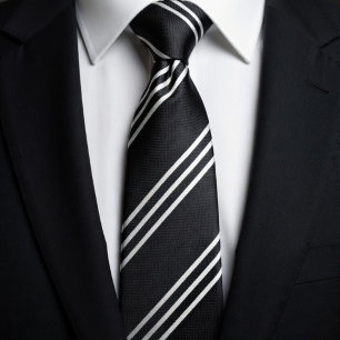Elegant Black with 3 White Lines Neck Tie