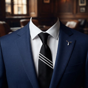 Elegant Black with 3 White Lines Neck Tie
