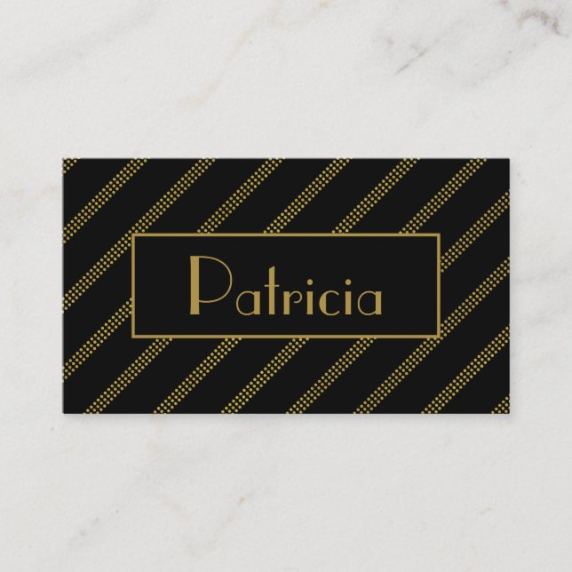 Elegant Black With Diagonal Dotted Golden Lines Business Card (Front)